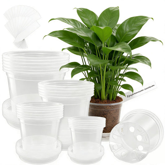 WandaQueen 24 Packs Clear Nursery Pots for Plants with Saucers, 7/6/5/4 Inch Plastic Flower Pots with Drainage Hole, Variety Pack Seedlings Plant Pot with 24 Plant Labels