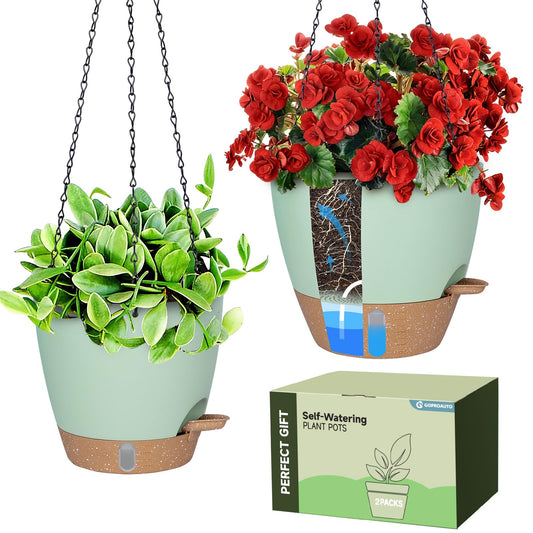 Goproauto Self-Watering Hanging Planters with Water Level Window, 8/10 Inch Indoor Outdoor Hanging Plant Pots Includes Chain Hangers with Drainage Holes & Detachable Reservoir (Green, 8+10 inch)