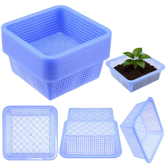 MegoSage 12PCS Aquatic Plant Baskets for Hydroponics Water Garden Plant Pots 10.5 x 10.5 x 3.7 Inch Square Plastic Mesh Basket for Hydroponics Live Aquarium Nursery Grow Botany Flowers