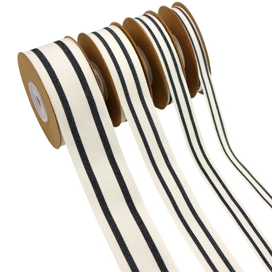 YERELO 10Yard x 4Roll Set Cotton Stripe Ribbon Black and White Stripe Ribbons for Christmas Tree Crafts,Wedding Wreath,Gift Wrapping,Decoration and DIY Handmade Hair Bows