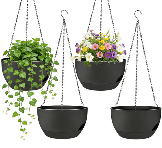 zople Set of 4-8 Inch Self Watering Hanging Planters for Indoor Outdoor，Hanging Plant Pots with Drainage & Removable Tray, Hanging Pots Holder for Ivy, Pothos, Ferns, Balcony & Patio, Black