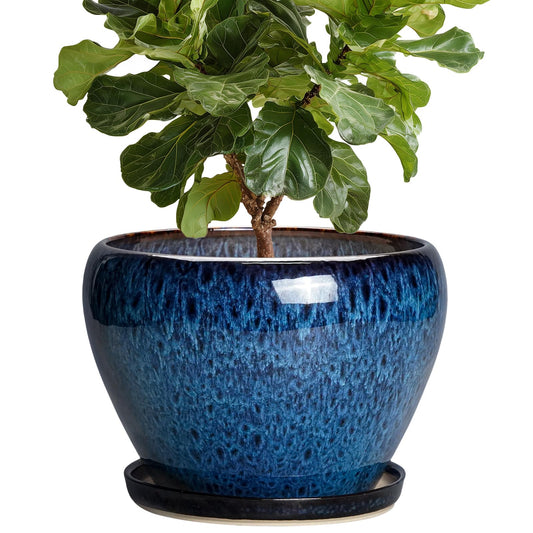 Thirtypot 10 Inch Plant Pot - Ceramic Planter with Drainage Hole and Plant Saucer, Round Planter Indoor Outdoor, Modern Planters, Large Flower Pot, Home Room Office Decor, Housewarming Gifts, Blue