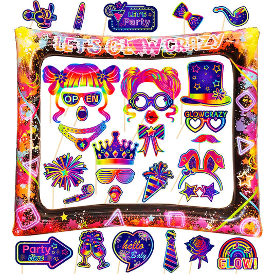 LMSHOWOWO 30PCS Neon Photo Booth Props, Glow Inflatable Photo Booth Frame, Funny Selfie Props for Neon Party Accessories Let's Glow in The Dark Birthday Party Wedding Carnival