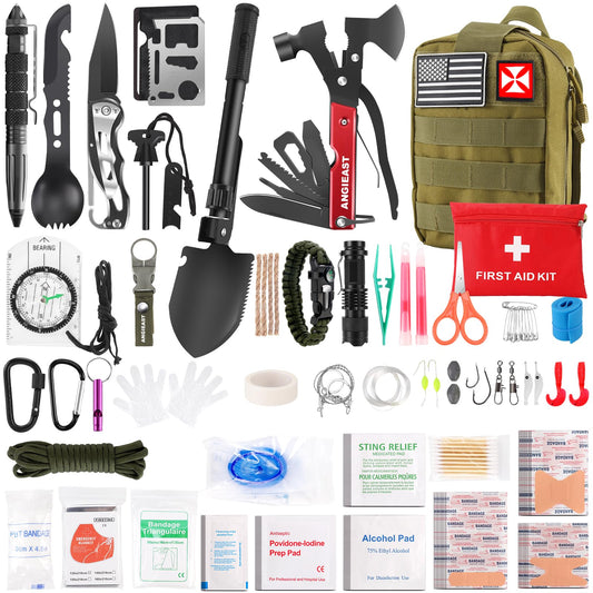 Survival Kit 256 in 1, First Aid Kit Survival Gear Tools Trauma Kit with Molle Pouch for Outdoor, Camping, Hunting, Hiking, Earthquake, Home, Office, Gifts for Men Dad Husband Women (Green)