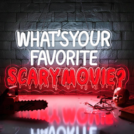 Sneignon What's Your Favorite Scary Movie Neon Sign,Horror Movies Neon Signs For Wall Decor,LED Sign Wall Decor for Home,Movie Room,USB-Powered with Dimmer Function,for Spooky Season and Horror Fans