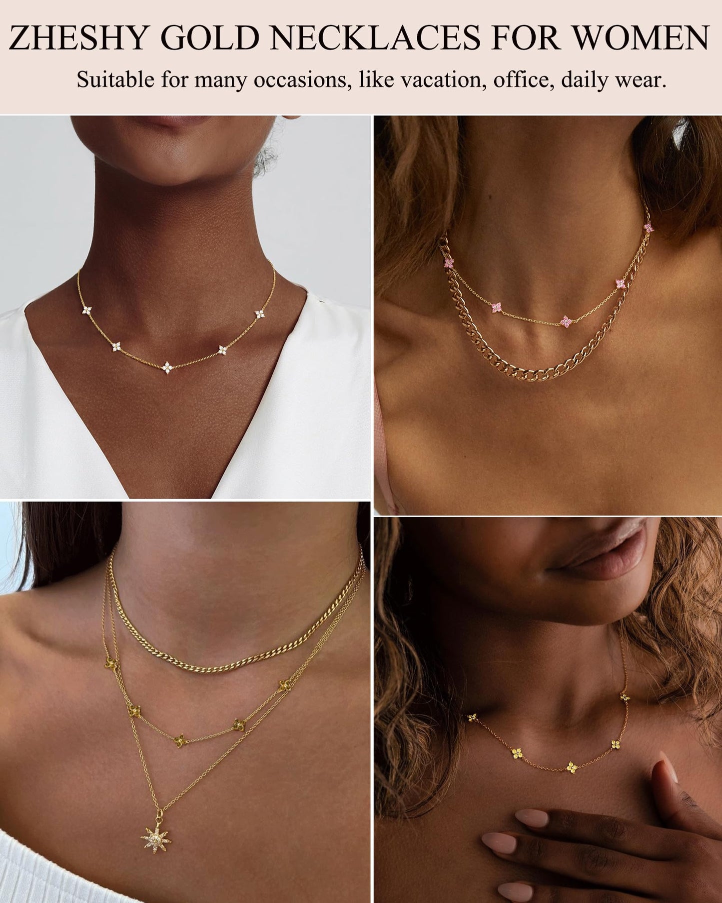 ZHESHY Birthstone Gold Necklace for Women Dainty Non Tarnish 14K Gold Plated Diamond Choker Necklaces Clover Cubic Zirconia Station Necklace Gold Jewelry Gifts