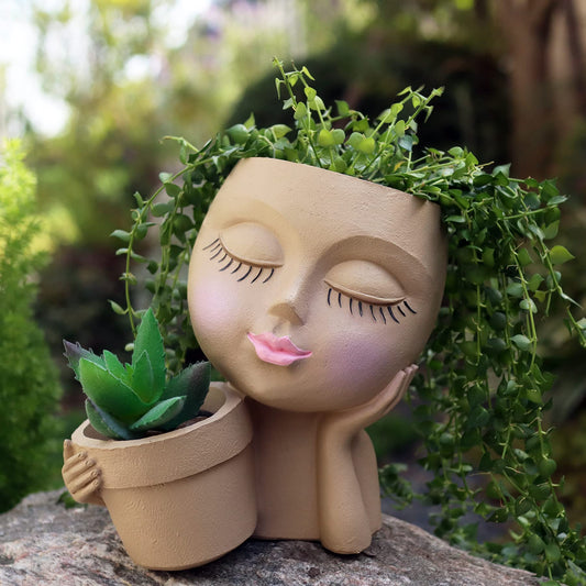 Dolkgy Face Planters Pots Head Planter, Unique Plant Pots for Indoor Outdoor Plants, Novelty Cute Large Girl Head Flower Pots with Drainage Hole for Home Garden Succulents Cactus