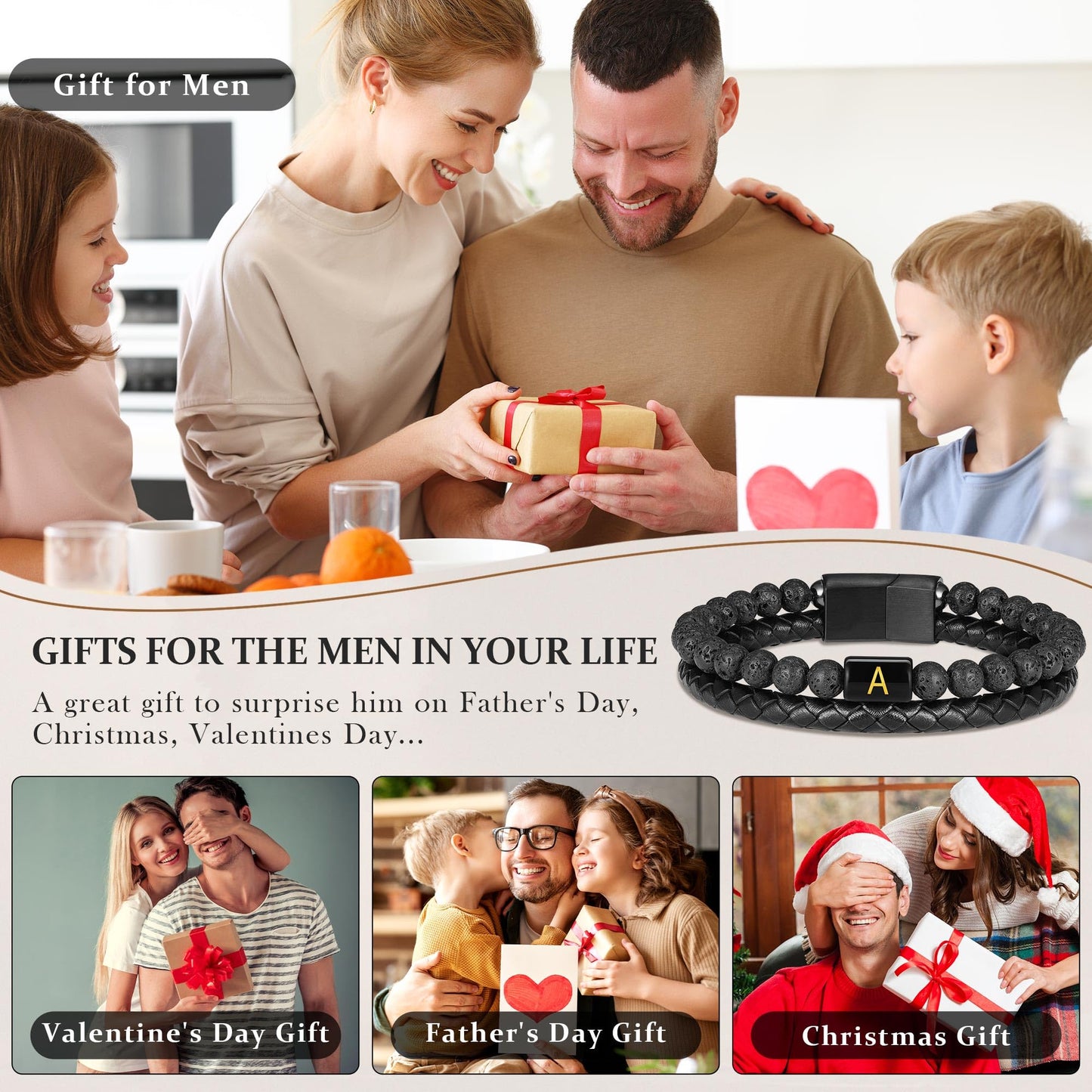 Leather Bracelets for Men - Mens Bracelet with Initial Lava Rock Bead Magnetic Clasp Black Mens Leather Bracelets for Men Gifts Black Initial S Bracelet for Men's Jewelry Men's Gifts for Dad Husband