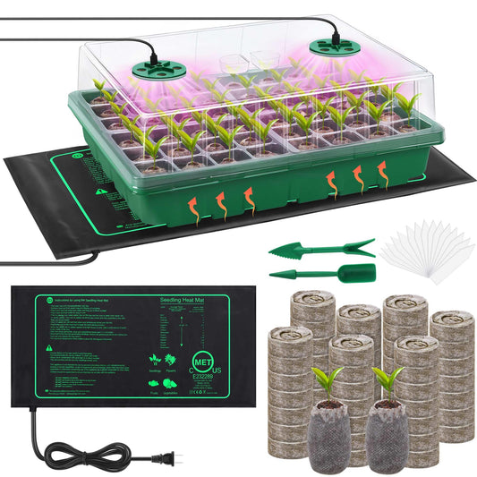 Hahood Seed Starter Kit with Grow Light Seedling Heat Mat 48 Cells Seed Starter Tray with Humidity Dome and Base Germination Trays Plastic Growing Trays Plant Propagation Kit for Seed Starting, Green
