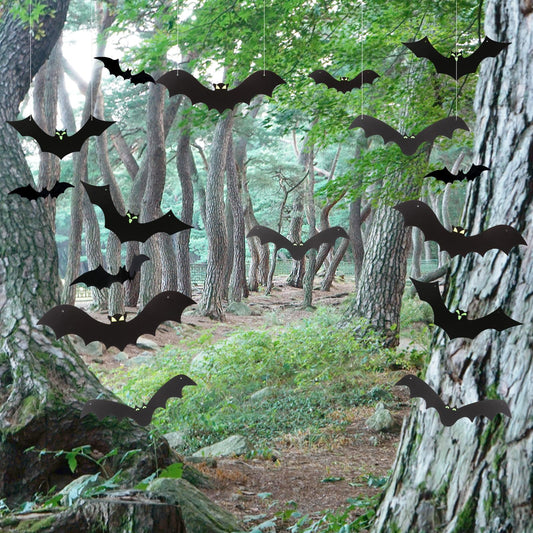 12 Pack Halloween Decorations Hanging Bats - 3 Style Scary Hanging Bat Set with 3D Bats Sticker, Outdoor Scary Flying Bats Set for Yard, Haunted House, Party - Indoor Outdoor Waterproof Decor