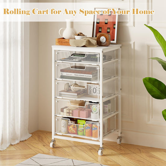 Sbanmao Utility Cart with 5 Drawers, Rolling Storage Cart with Wooden Tabletop and Lockable Wheels, Storage Drawer Cart with Drawers, Craft Cart for Bedroom, Classroom, Home, Office, White