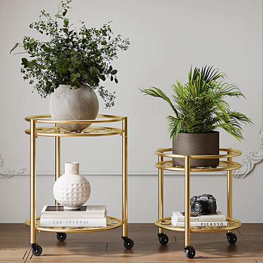 Rioneta Rolling Plant Stand with Wheels – 2 Tier Flower Pot Holder for Indoor & Outdoor, Easy Move Cart for Balcony, Patio, Garden, 165 lbs Capacity Golden