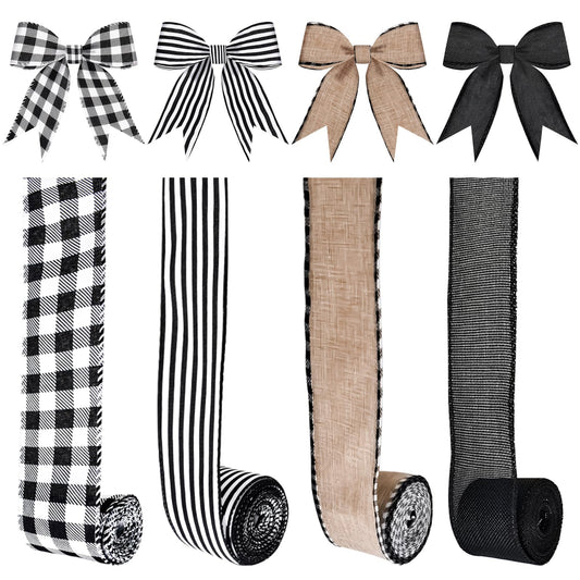 MuRealy Wreath Ribbon Assortment (4 Rolls x 20 Yards) - 2.5 Inch Wired Polyester | Black Stripes, Classic Plaid & Dots - Shedding-Free for Crafts, Gifts, Holiday Decor