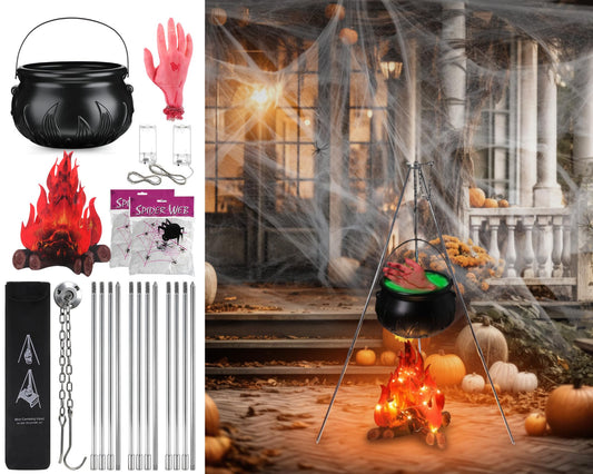 WinnerWhy 9 Pcs Large Witches Cauldron Halloween Decor Set Cauldron on Tripod with Spider Webs Fake Fire String Lights Fake Hand for Halloween Indoor and Outdoor Party Supplies
