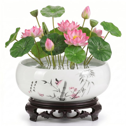 HEMOTON Lotus Bowl Planter, Chinese Style Ceramic Water Lily Pot with Ink Bamboo Pattern, No Drainage Hydroponic Vase for Indoor Plants, Decorative Fish Bowl with Plastic Base