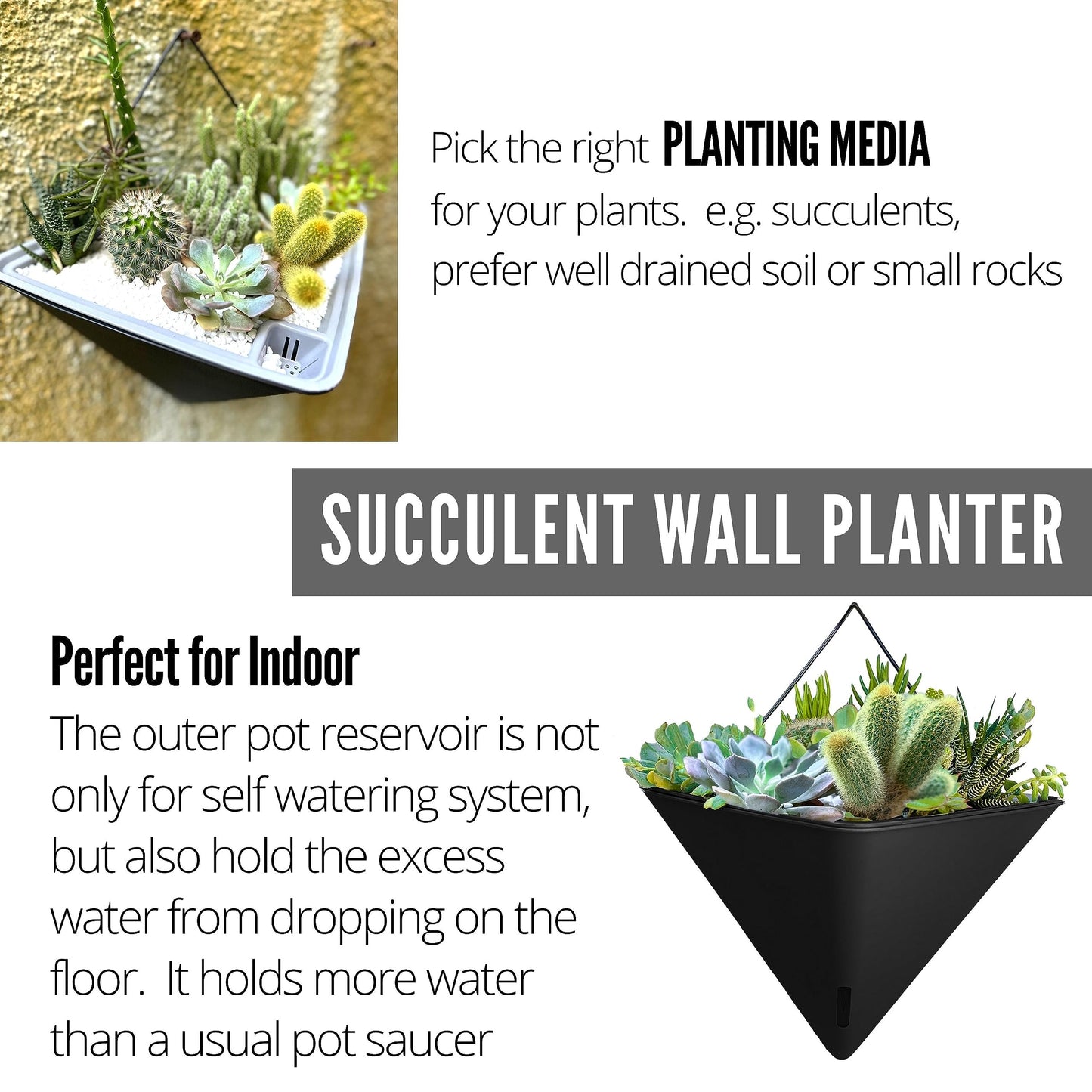 LaLaGreen Bundle - 12" x 4 Pack Black + 12" x 4 Pack Gray Large Self Watering Geometric Hanging Flower Vase Vessel with Metal Hanger, Modern Stylish Wall Mounted Succulent Pot Holder Decor
