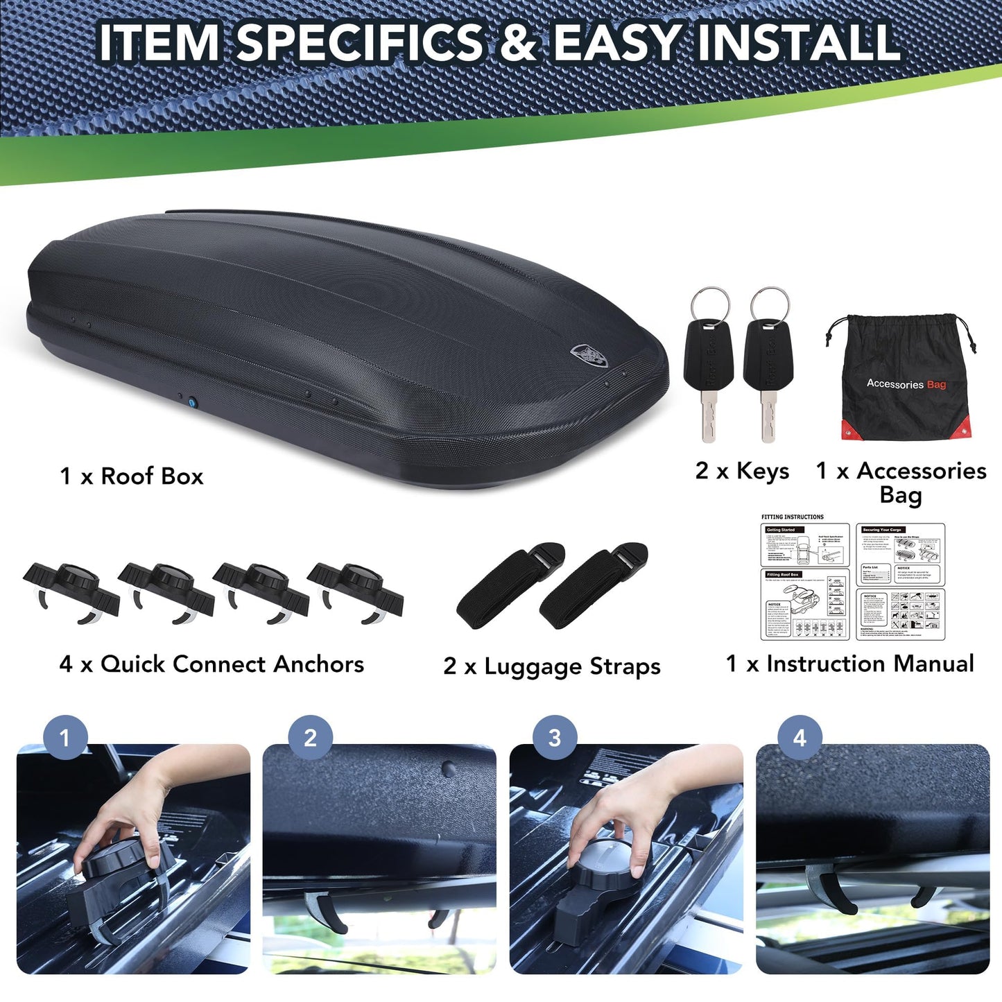 Hard Shell Rooftop Cargo Carrier with 14 cu ft Capacity, Weather-Resistant roof Cargo Box for car top Carrier, Features Dual-Side Access, Secure Straps, and Keys for Safe Storage.