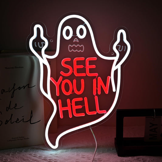 See You In Hell Neon Sign, Spooky Middle Finger Dimmable LED Sign for Wall Decor, Man Cave, Beer Bar, Home Bedroom Decoration
