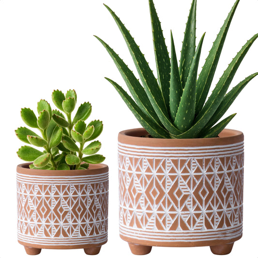 D'vine Dev Set of 2 Terracotta Planter Pots, 4 Inch & 6 Inch, Design Plants Pot with Drainage Hole, Savanna Weave, Terracotta/White, 31-953-G-1
