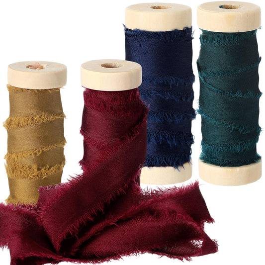 Mindsoft Frayed Chiffon Ribbon for Craft Silk Satin Ribbons 1/2-1/4 Inch x 20 Yard Handmade Fabric Strips with Wooden Spool for Valentines Day Wedding Gift Wrapping(Retro Colors)