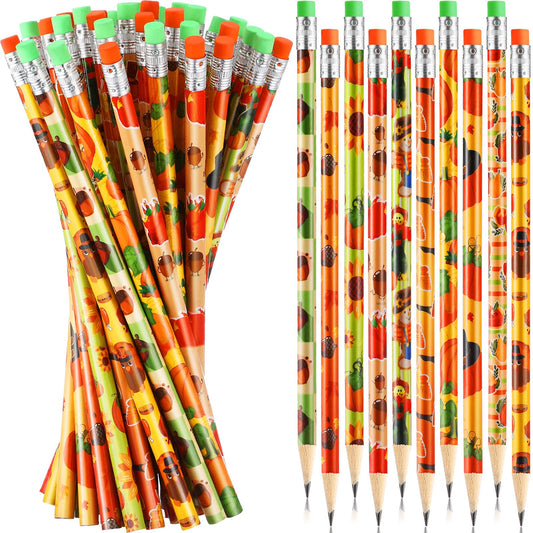 Crtiin 50 Pcs Fall Pencil Thanksgiving Assortment Wood Pencils Autumn Cylinder Funny Pencils Maple Leaf Turkey Pumpkin Decorative Pens for Kids School Supplies Autumn Party Gift, 10 Styles