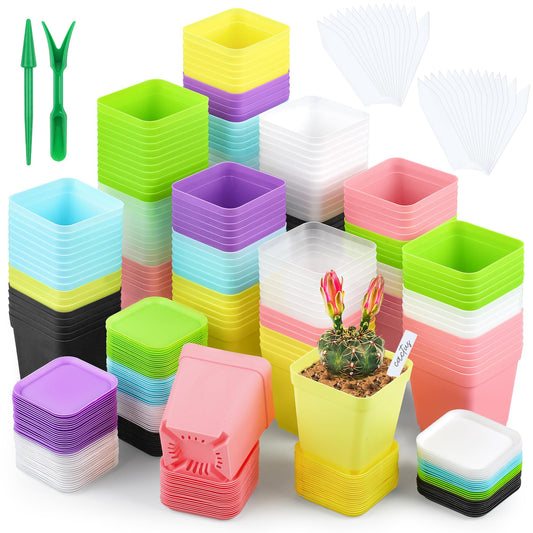 Hahood 160 Pieces Square Flower Plant Pots 3 Inch Flower Seedling Nursery Pots with Pallet Colorful Mini Plastic Planters with Labels and Tools for Room, Garden, Office and Balcony, 8 Colors