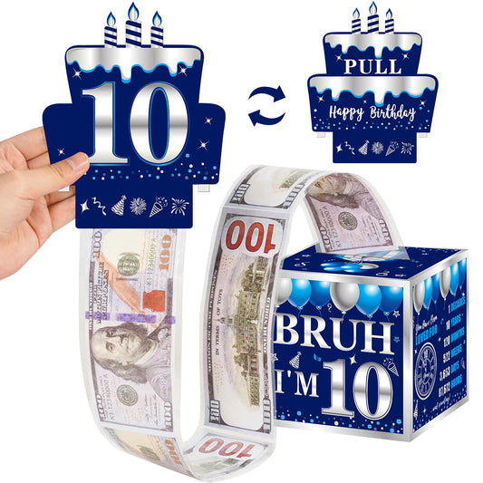 Turypaty 10th Birthday Decorations Pull-Out Money Gift Box for Boys Girls - Blue Sliver Happy 10th Birthday Party Cash Gift Box with Pull-Out Card - A Fun and Loving Way to Offer Cash Present