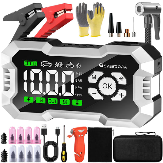 Jump Starter with Air Compressor, SPEEDORA 8000A Portable Car Battery Jump Starter for (All Gas/12L Diesel Engines), 160PSI Tire Inflator, 3.3" Screen,600LM Light, Jumper Cables,12V Car Booster Pack