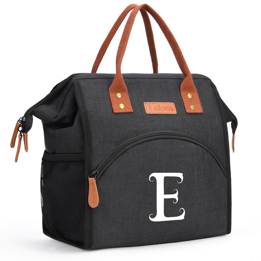 Personalized Lunch Box for Women, Initial Reusable Insulated Lunch Bag, Wide-Open Adult Lunchbox Cooler Lunchbag, Leakproof Lunch Tote for Picnic Work Outdoors, Christmas Gift for Women, Black - E