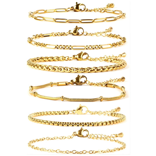 Cherry Tree Collection Stainless Steel Bracelets for Women | Stackable Bracelet Set of 6 Gold | (6-7.5") To Fit Most Wrists | Stainless Steel Charm Bracelet | Fashion Accessories Jewelry