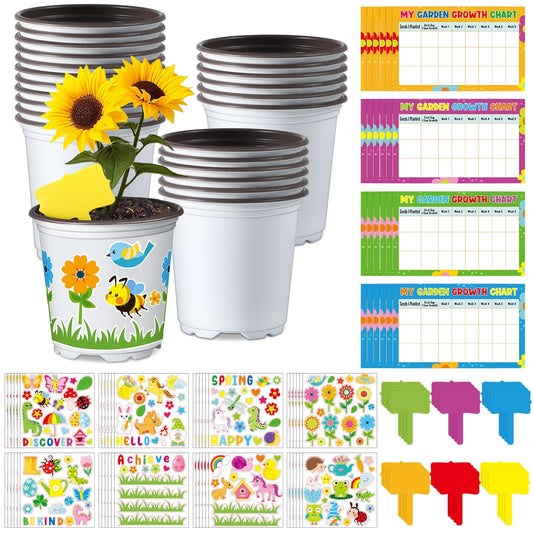 Capoda 24 Sets Garden Flower Pots Crafts Kit DIY Spring Plastic Seedling Nursery Pots with Stickers Plant Labels Growth Charts Planting Growing Tools Classroom Activities Project Gifts (Round)