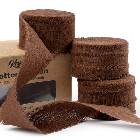 Keypan Brown Ribbon 1" x 15 Yards with Frayed Fringe Fabric Cotton Ribbons for Gift Wrapping Wedding Invitations Flower Bouquet Baby Shower