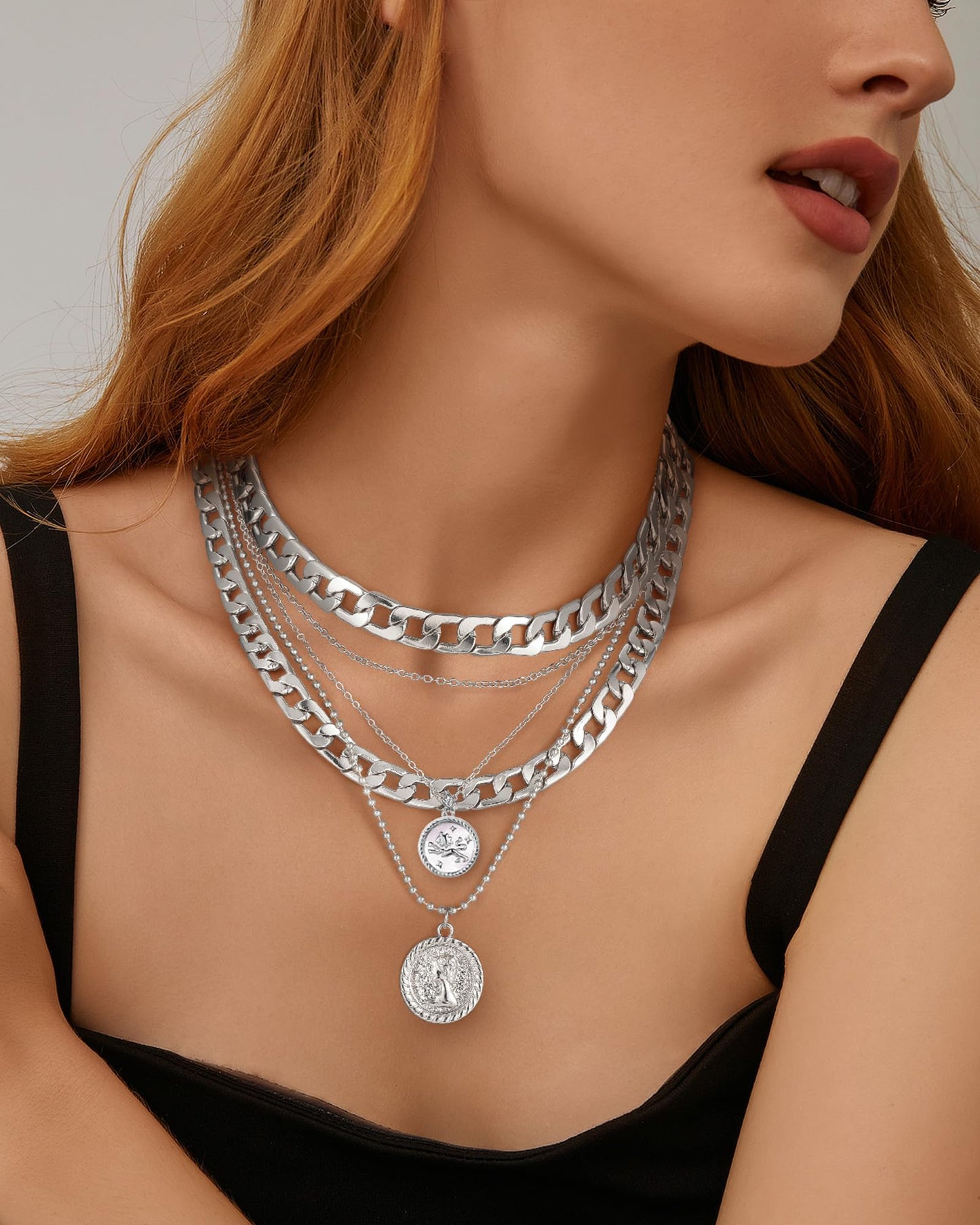MJartoria Gold Layered Necklaces for Women Trendy Retro Coin Pendant Necklace Dainty Chunky Chain Choker Necklaces for Jewelry Birthday Gifts (Silver, Zodiac-Leo-3PCS Layered)