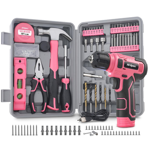 Hi-Spec 8V Cordless Drill Set & Tool Kit for Women – Ladies Complete Rechargeable Electric Power Drill Driver with Starter Tools, Compact Hand Toolbox, Pink, Ideal for Home Projects