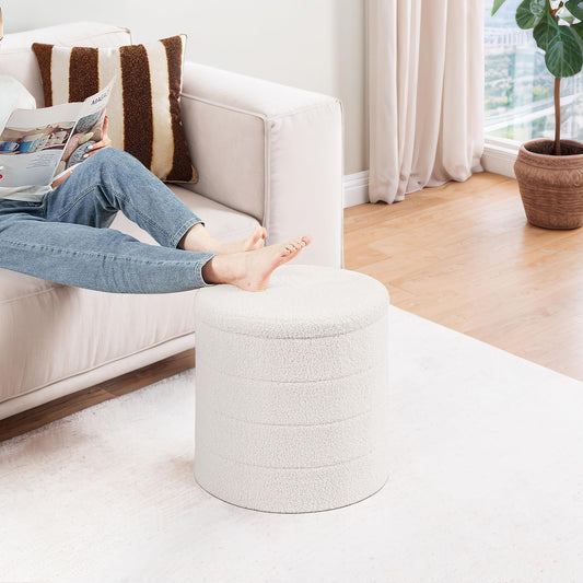 PINPLUS Round Storage Ottoman Foot Rest Stool with Tray Velvet Sherpa Folding Storage Ottoman,Boucle Foot Rest for Living Room, Bedroom, Dorm,White Color