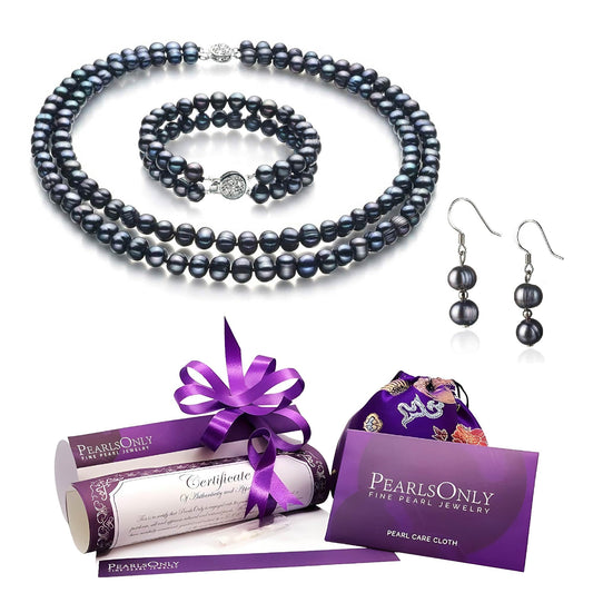Julika Black 6-7mm Double Strand A Quality Freshwater 925 Sterling Silver Cultured Pearl Set For Women-18 in Princess length