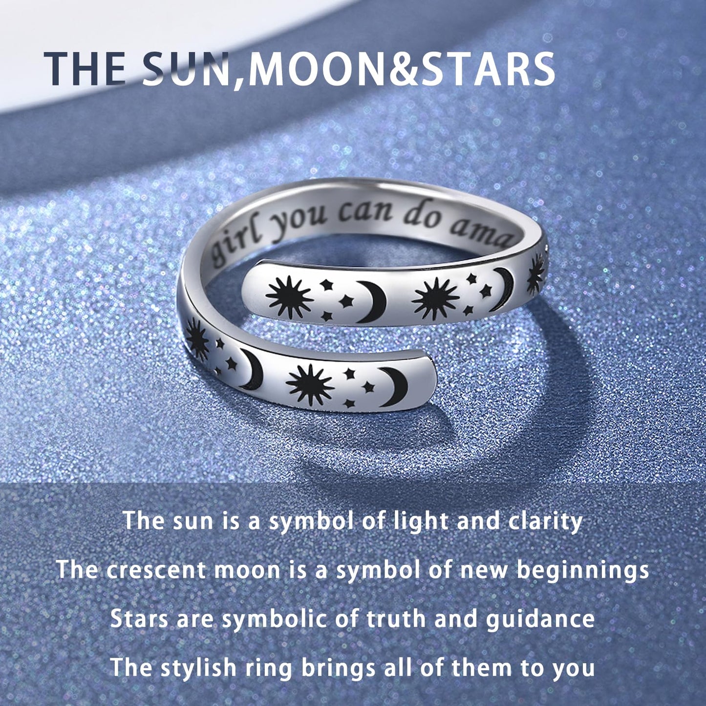 925 Sterling Silver Inspirational Jewelry Adjustable Wrap Open Ring Encouragement Gift for Women (Sun & Moon - Beautiful * you can do amazing things)
