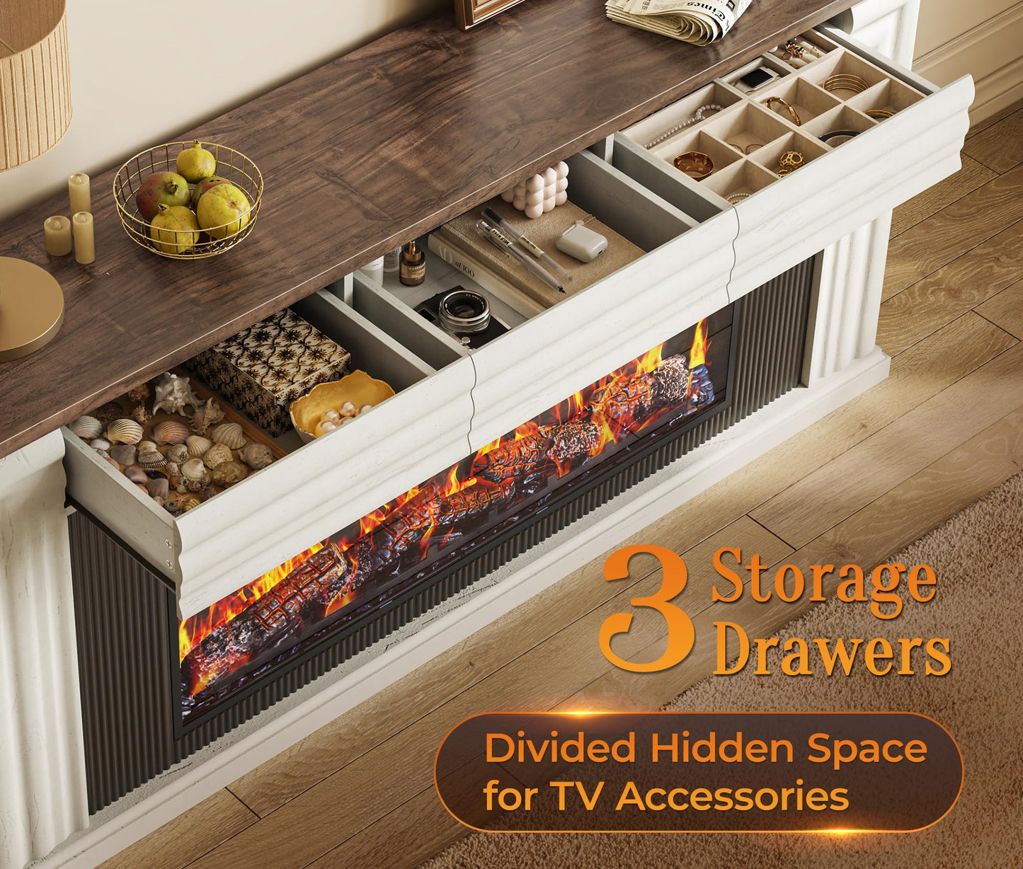 PRAISUN 70'' Fireplace TV Stand with 42'' Electric Fireplace, Farmhouse TV Stand for 65 75 Inch TV, Entertainment Center TV Console with 3 Drawers, Fluted Design, for Living Room, Distressed White