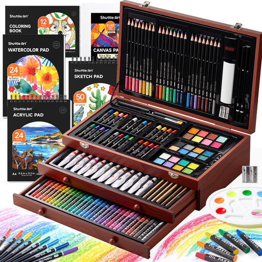 Shuttle Art Deluxe Gift Art Kit, 202-Piece Wooden Art Supplies Set with 4 Drawing Pads, Canvases, Coloring Sheets, Acrylic Paint, Crayons, Oil Pastels, Colored Pencils for Kids