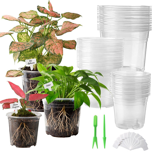 Huvai 36 Pack 6/8/10 Inch Clear Nursery Pots with Drainage Holes, Transparent Plastic Plant Pots with 40 Waterproof Tags and 2 Mini Transplant Tools, Clear Pot for Plants and Vegetables(Each Size 12)