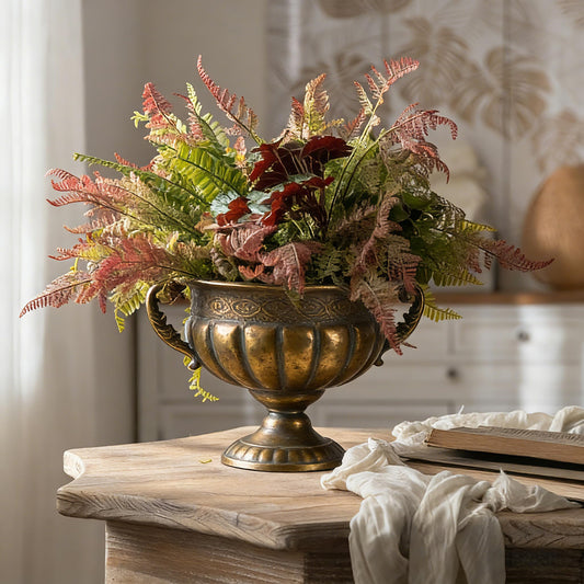 Vintage Urn Planter with Embossed Pattern, Decorative Flower Pot, Classic Round Plant Pot, European Shabby Chic Centerpiece for Mantel, Table, Entryway or Living Room Decor- Gold（13.6 * 11.9 * 8.5 in）