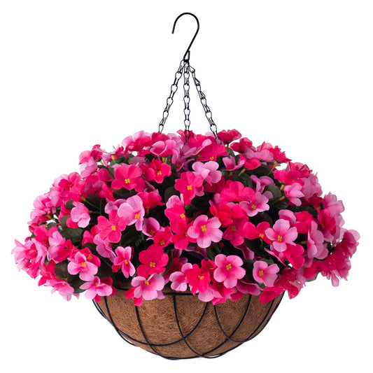 INXUGAO Artificial Hanging Flowers with Basket for Outdoor, Fake Hydrangea UV Resistant Arrangements in Pot Indoor Porch Garden Yard Spring Summer Decor(Double Rose)