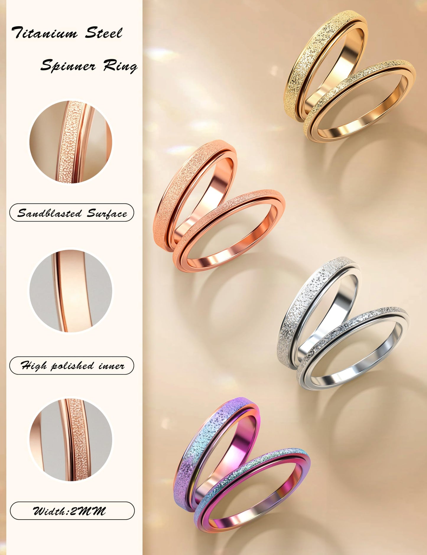 Diamday Fidget Rings for Women Men - 2mm Rose Gold Spinner Stainless Steel Ring for Anxiety Stress Relief Glitter Sandblast Spinning Figit Anxiety Jewelry for Wedding Promise Size 9