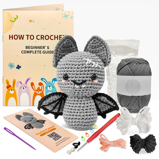 minimal beee Bat Crochet Kit for Beginners - DIY Halloween Craft Gift with Animal Yarn, Easy Knitting Supplies for Adults, Complete Starter Crochet Set with Needles & Instructions