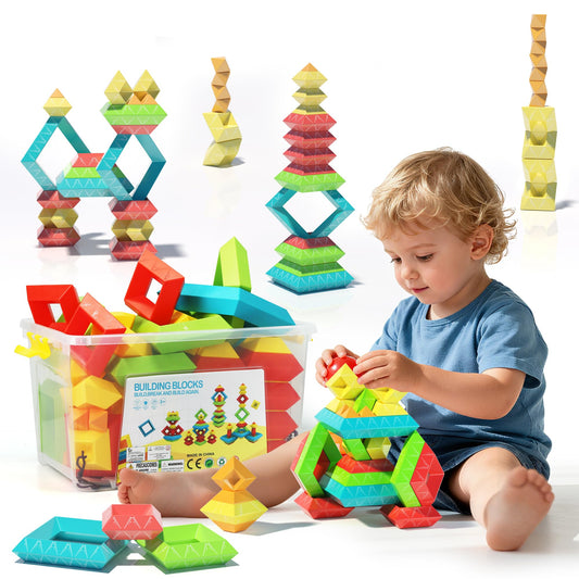 100Pcs Montessori Toys for Ages 1-3 2-5 Toddlers Kids Baby,Pyramid Stacking Building Toys,3D Preschool Learning Blocks for Kids,STEM Sensory Toy Gifts for 2-4 Year Old Boy Girl,Big Plastic Storage Box