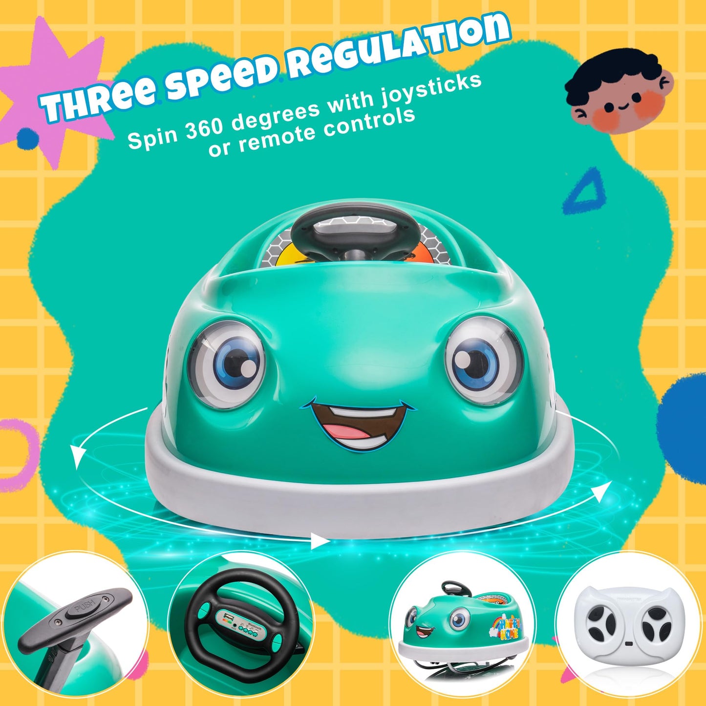 12V Dual Battery Electric Ride on Kids Bumper Car w/Remote Control,360 Degree Spin,Push Rod Rocker Horse Function,3-Speeds Babies & Toddlers Bumping Car Ride on Toy Gift for 1-4 Years Children（Green）