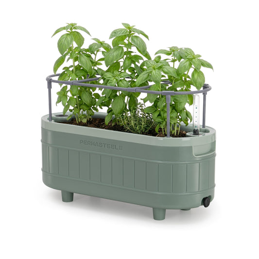 Permasteel Herb Garden Planter with Trellis Support, Self-Watering System with Water Level Indicator, Fits Multiple Herb Plants, for Basil, Flowers, Succulents, Indoor & Outdoor, Green