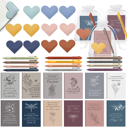 Kosiz 12 Sets Positive Affirmation Gifts Bulk, Motivational Quote Notebooks Inspirational Pens Leather Heart Bookmarks Bags Encouragement Gift Set for Mother's Day Teachers Employee Appreciation Event