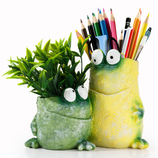 Frog Pen Holder for Desk, Cute 2-in-1 Resin Flower Pot & Pencil Cup, Holds 10 Pens, Vintage Stacked Frog Figurine with Removable Artificial Grass, Functional Desk Organizer for Office Home Decor,