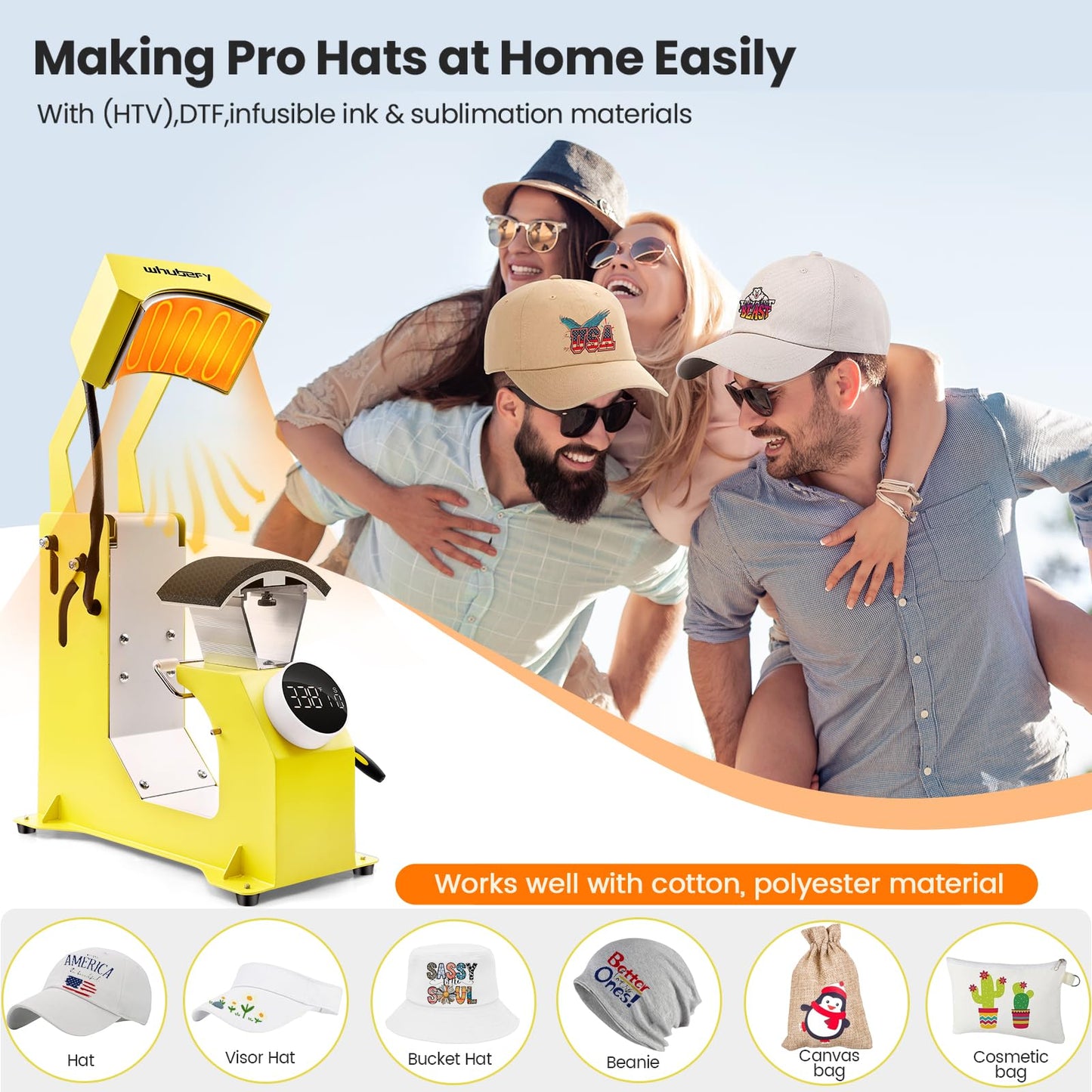 Whubefy Auto Hat Heat Press Machine, 3-in-1 Hat Press Heat Machine for Caps with 3 Platens, Blank Cap, Gloves, Automatic Open/Release, Heat Transfer Cap Heat Press HTV Iron On for Vinyl, Sublimation